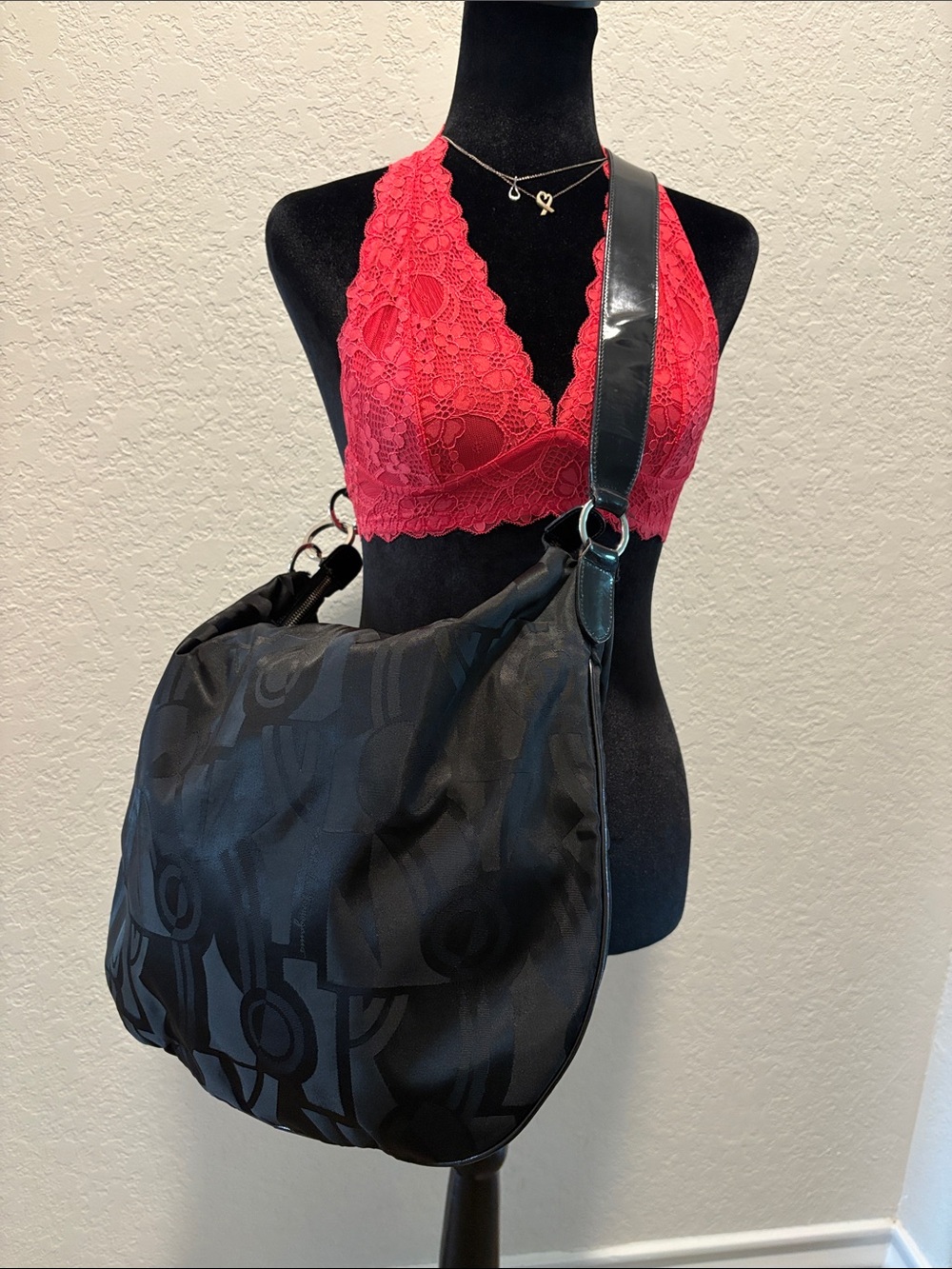 Salvatore Ferragamo Black Patterned Hobo Shoulder Bag